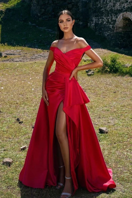 Gorgeous A-Line Off-the-Shoulder Sweetheart Sleeveless High Slit Draped Satin Red Floor-Length Prom Dress