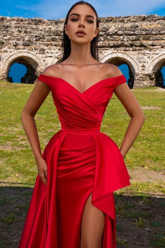 Gorgeous A-Line Off-the-Shoulder Sweetheart Sleeveless High Slit Draped Satin Red Floor-Length Prom Dress