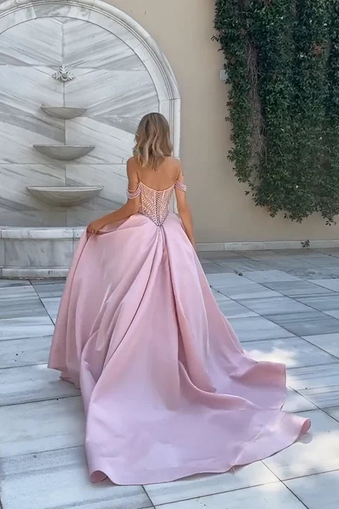 Gorgeous A-Line Off the Shoulder Sweetheart Beaded Corset Satin Long Prom Dress with Slit