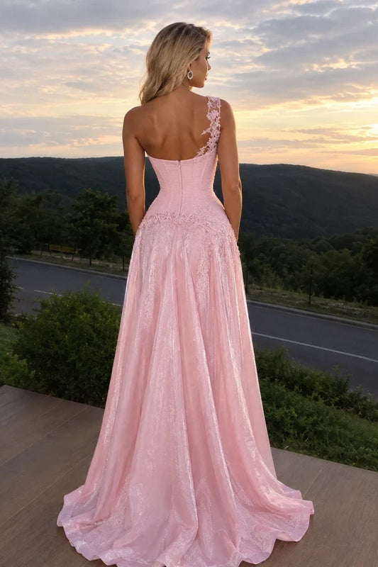 Gorgeous A-Line One-Shoulder Sleeveless Lace Appliqué Ruched Pink Floor-Length Prom Dress