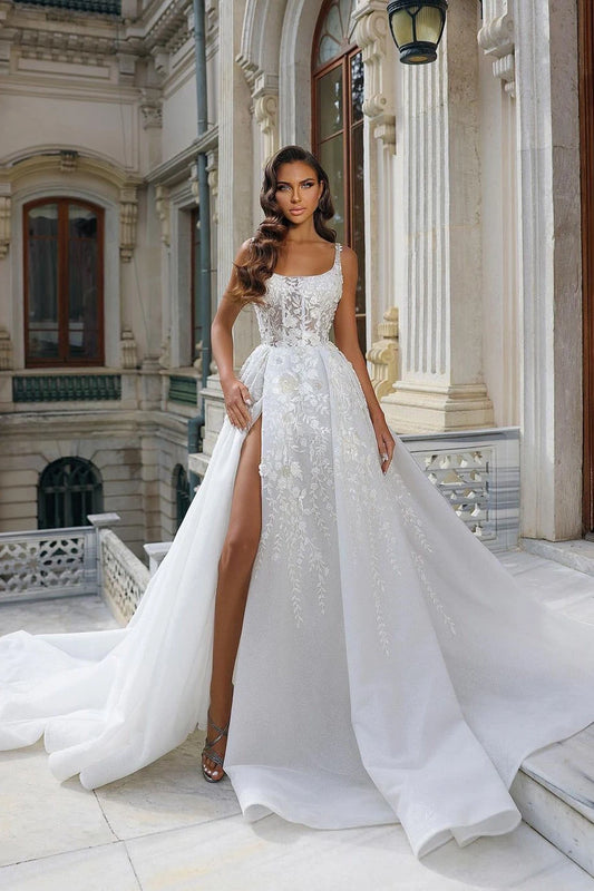 Gorgeous A-Line Square Neck Sleeveless Lace Applique High Slit Tulle White Floor-Length Wedding Dress