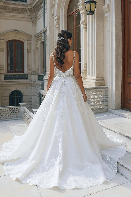 Gorgeous A-Line Square Neck Sleeveless Lace Applique High Slit Tulle White Floor-Length Wedding Dress