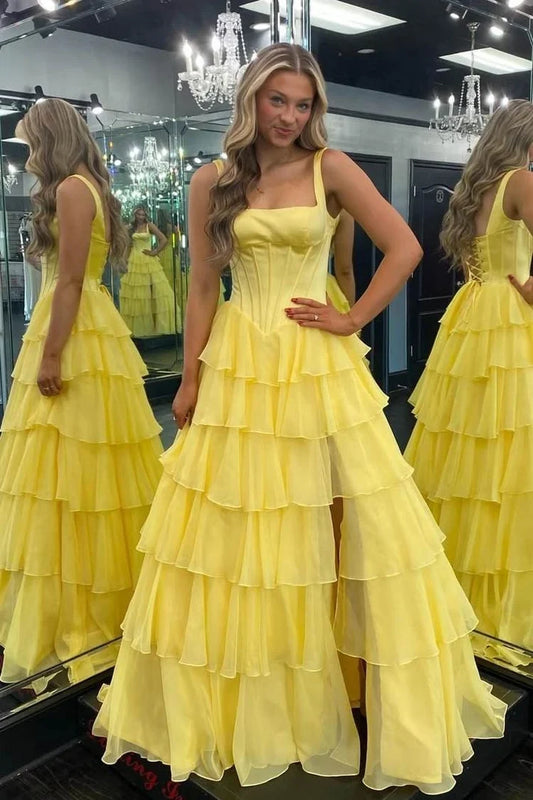Gorgeous A-Line Square Sleeveless Tiered Ruffle Chiffon Floor-Length Prom Dress With Slit