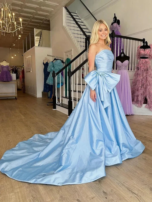Gorgeous A-Line Strapless Sleeveless Big Bow Slit Satin Sky Blue Floor-Length Prom Dress