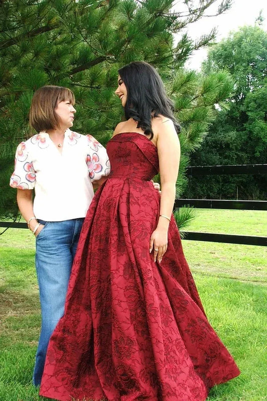 Gorgeous A-Line Strapless Sleeveless Jacquard Patterned Satin Floor-Length Prom Dress