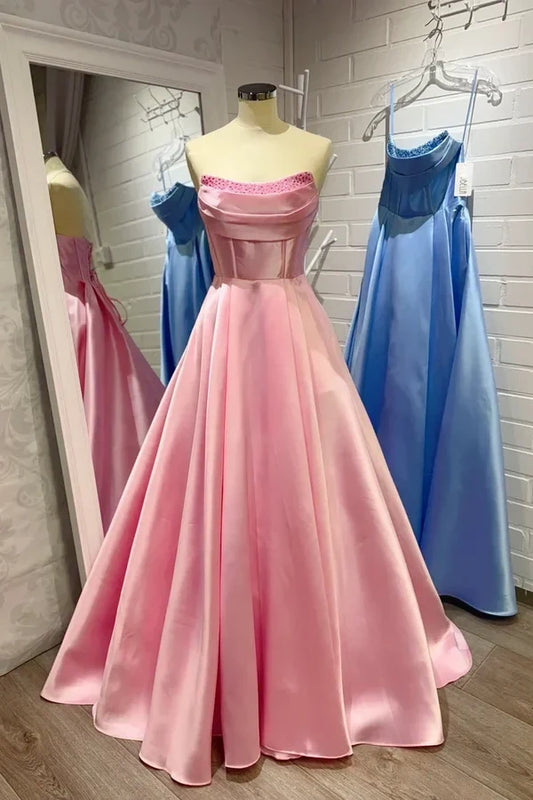 Gorgeous A-Line Strapless Sleeveless Ruched Bodice Satin Floor-Length Prom Dress