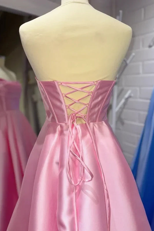 Gorgeous A-Line Strapless Sleeveless Ruched Bodice Satin Floor-Length Prom Dress