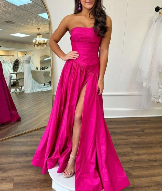 Gorgeous A-Line Strapless Sleeveless Ruched Satin Fuchsia Floor-Length Evening Dress