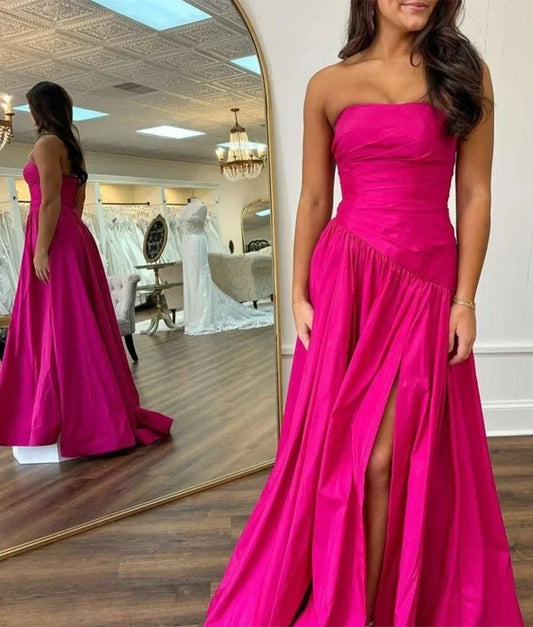 Gorgeous A-Line Strapless Sleeveless Ruched Satin Fuchsia Floor-Length Evening Dress