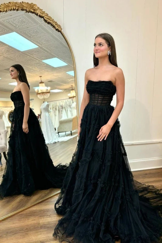 Gorgeous A-Line Strapless Sleeveless Ruffled Layered Black Tulle Long Prom Dress