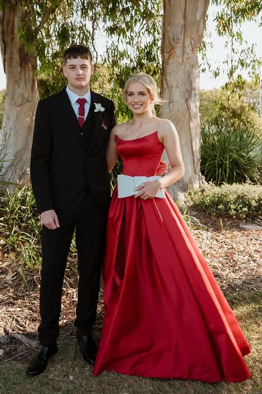 Gorgeous A-Line Strapless Sleeveless Satin Red Floor-Length Prom Dress