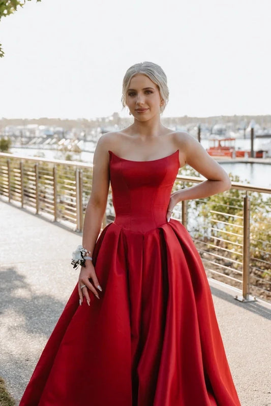 Gorgeous A-Line Strapless Sleeveless Satin Red Floor-Length Prom Dress