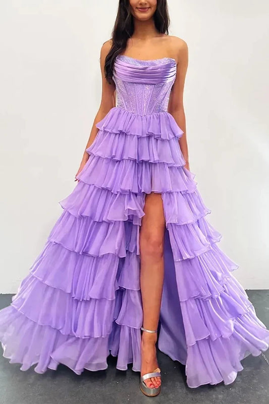 Gorgeous A-Line Strapless Sleeveless Tiered Ruffle Chiffon Floor-Length Prom Dress with Slit