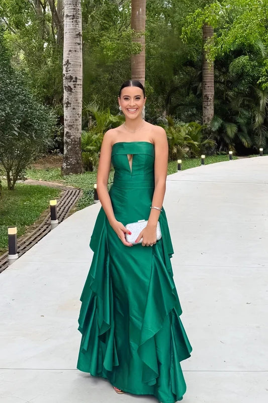 Gorgeous A-Line Strapless Sleeveless Tiered Ruffle Satin Floor-Length Prom Dress