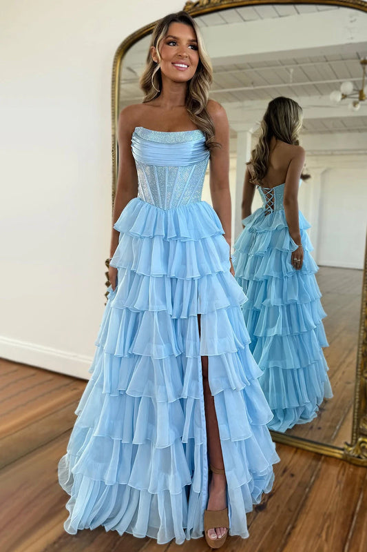 Gorgeous A-Line Strapless Sleeveless Tiered Ruffle Sequin Chiffon Sky Blue Floor-Length Prom Dress