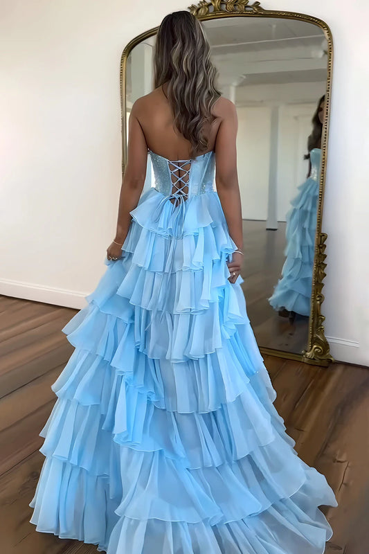 Gorgeous A-Line Strapless Sleeveless Tiered Ruffle Sequin Chiffon Sky Blue Floor-Length Prom Dress