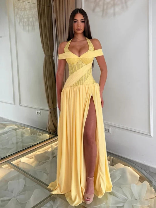 Gorgeous A-Line Sweetheart Off-Shoulder Halter Lace Floor-Length Prom Dress With Slit