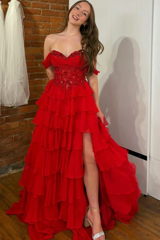 Gorgeous A-Line Sweetheart Off-Shoulder Tiered Red Floor-Length Prom Dress with Slit