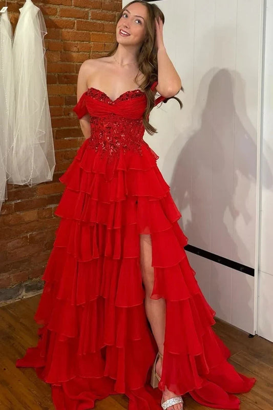 Gorgeous A-Line Sweetheart Off-Shoulder Tiered Red Floor-Length Prom Dress with Slit