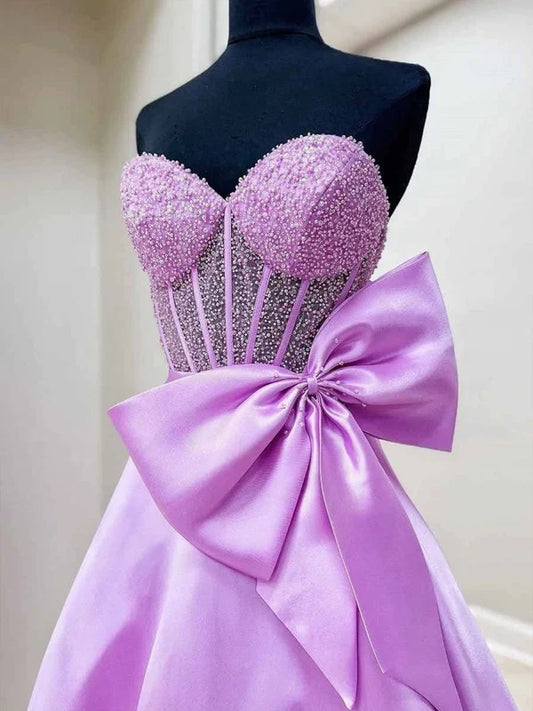 Gorgeous A-Line Sweetheart Sleeveless Beaded Bodice Bow Satin Floor-Length Prom Dress