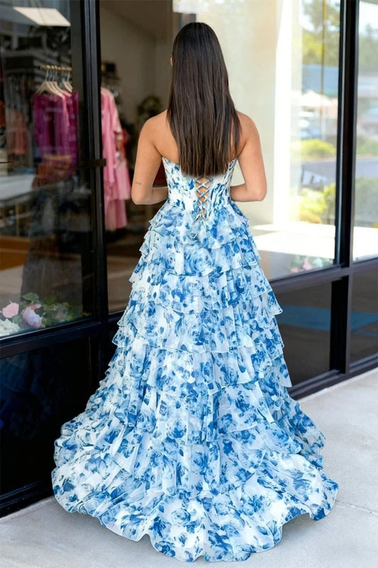 Gorgeous A-Line Sweetheart Sleeveless Beaded Ruffled Floral Tiered Chiffon Blue Floor-Length Prom Dress