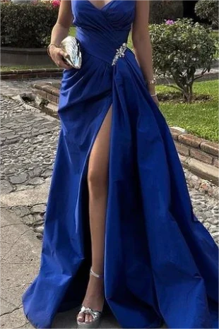 Gorgeous A-Line Sweetheart Sleeveless Draped Slit Embellished Satin Royal Blue Floor-Length Prom Dress