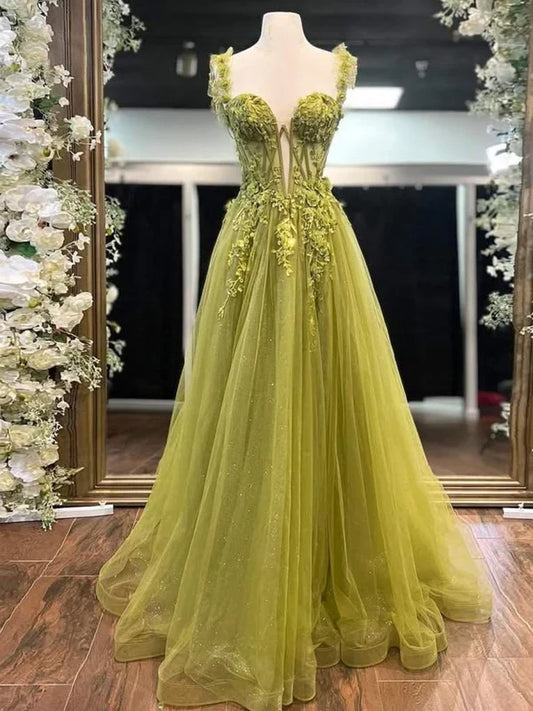 Gorgeous A-Line Sweetheart Sleeveless Floral Appliques Tulle Long Prom Dress