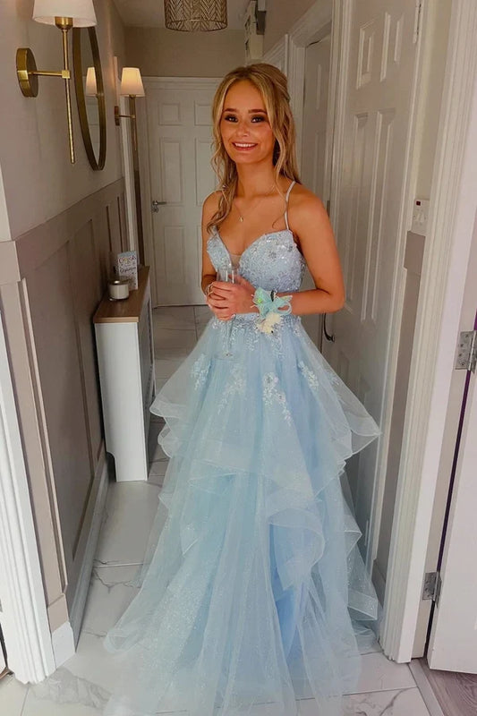 Gorgeous A-Line Sweetheart Sleeveless Layered Tulle Sky Blue Long Formal Prom Dress