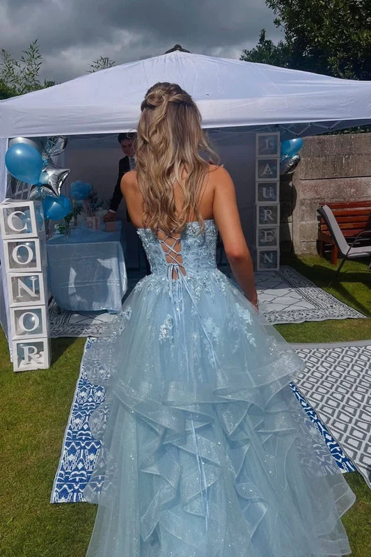 Gorgeous A-Line Sweetheart Sleeveless Layered Tulle Sky Blue Long Formal Prom Dress