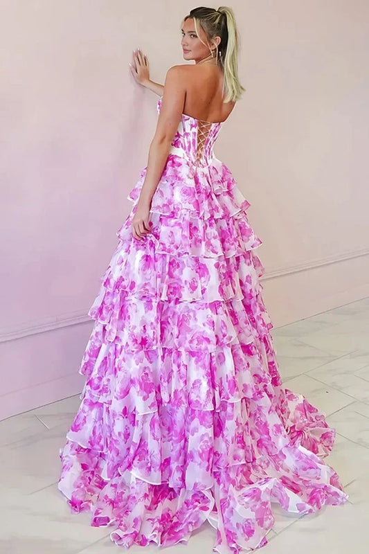 Gorgeous A-Line Sweetheart Sleeveless Ruffled Tiered Floral Chiffon Floor-Length Prom Dress with Slit
