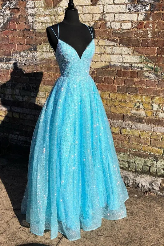 Gorgeous A-Line Sweetheart Sleeveless Sequin Sky Blue Floor-Length Prom Dress