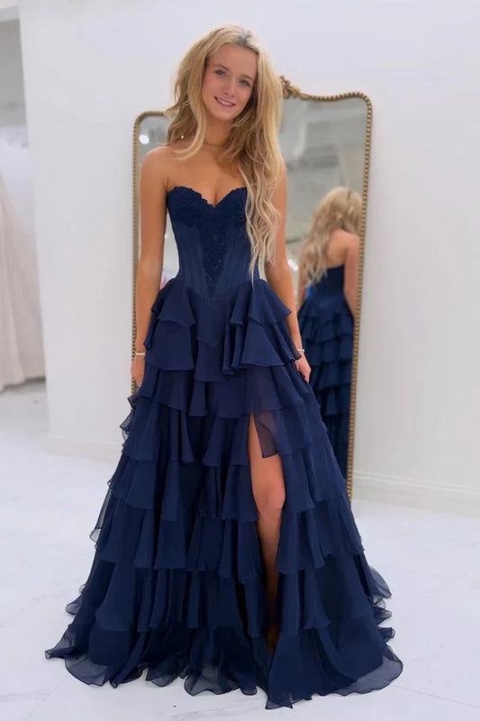 Gorgeous A-Line Sweetheart Sleeveless Tiered Ruffle Chiffon Floor-Length Prom Dress With Slit