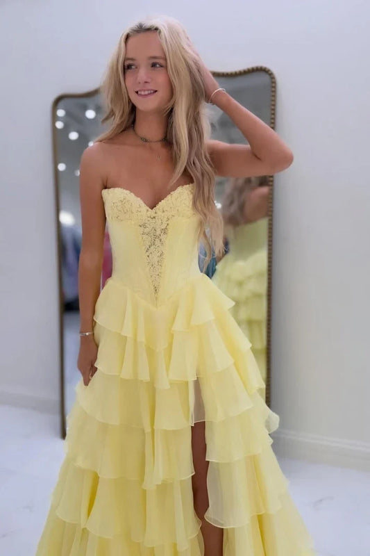 Gorgeous A-Line Sweetheart Sleeveless Tiered Ruffle Chiffon Floor-Length Prom Dress With Slit