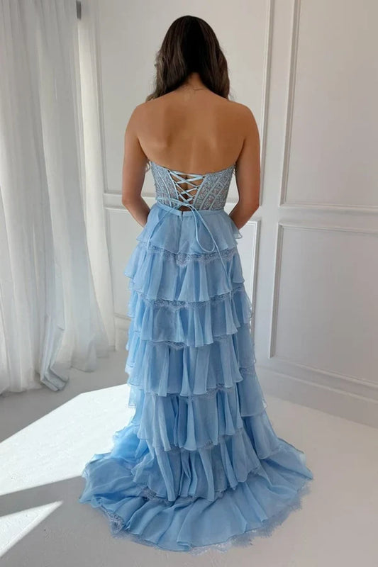 Gorgeous A-Line Sweetheart Sleeveless Tiered Ruffle Chiffon Sky Blue Floor-Length Prom Dress with Slit