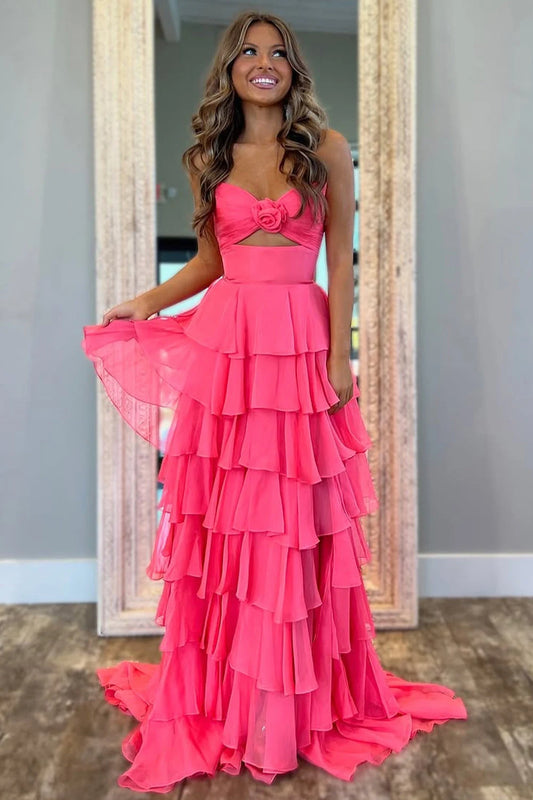Gorgeous A-Line Sweetheart Sleeveless Tiered Ruffle Cutout Chiffon Fuchsia Floor-Length Prom Dress