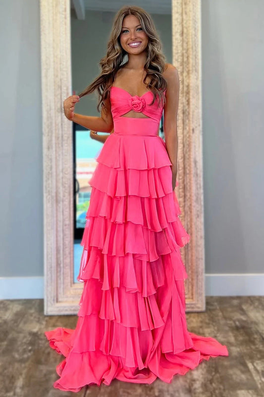 Gorgeous A-Line Sweetheart Sleeveless Tiered Ruffle Cutout Chiffon Fuchsia Floor-Length Prom Dress