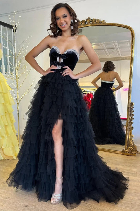Gorgeous A-Line Sweetheart Sleeveless Tiered Ruffle High Slit Tulle Black Floor-Length Prom Dress