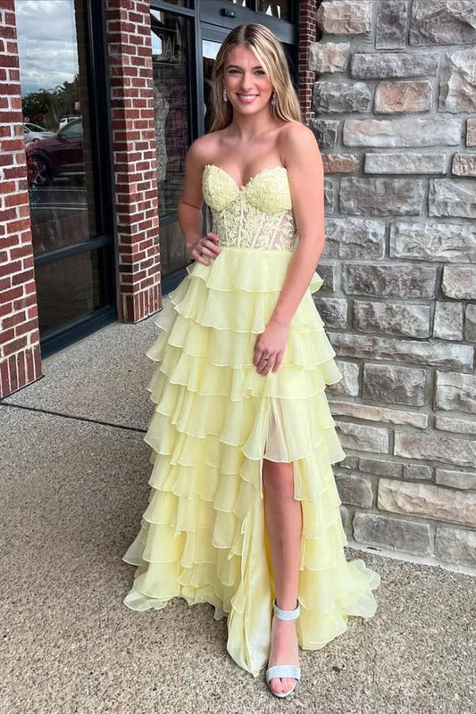 Gorgeous A-Line Sweetheart Sleeveless Tiered Ruffle Lace Yellow Chiffon Slit Prom Dress