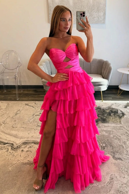 Gorgeous A-Line Sweetheart Sleeveless Tiered Ruffle Slit Chiffon Fuchsia Floor-Length Prom Dress