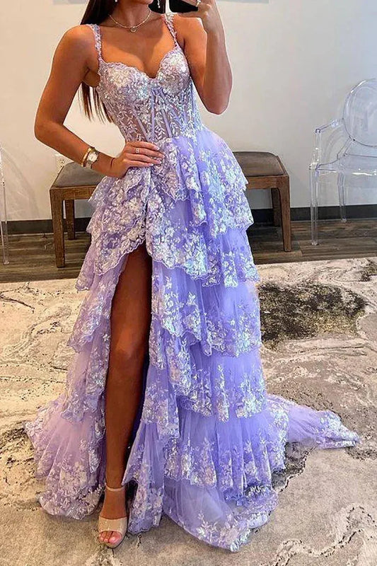 Gorgeous A-Line Sweetheart Sleeveless Tiered Ruffle Tulle Sequin Floor-Length Prom Dress With Slit