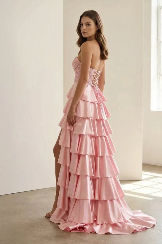 Gorgeous A-Line Sweetheart Sleeveless Tiered Ruffled Satin Floor-Length Prom Dress with Appliques