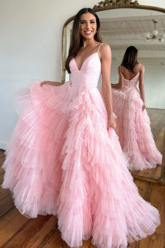 Gorgeous A-Line V-Neck Sleeveless Ruffled Tulle Pink Floor-Length Prom Dress