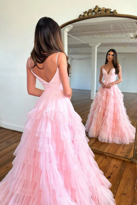 Gorgeous A-Line V-Neck Sleeveless Ruffled Tulle Pink Floor-Length Prom Dress