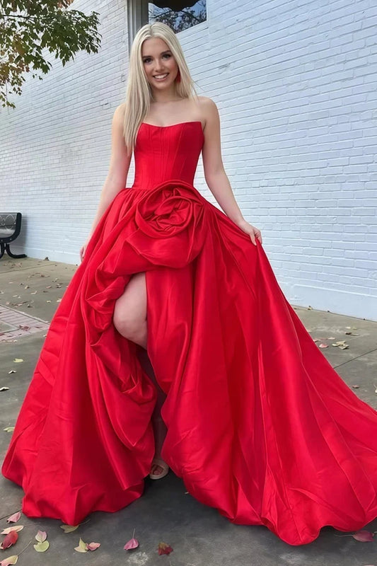 Gorgeous A Line Strapless Sleeveless Floral Lace-Up Satin Red Long Prom Dress with Slit