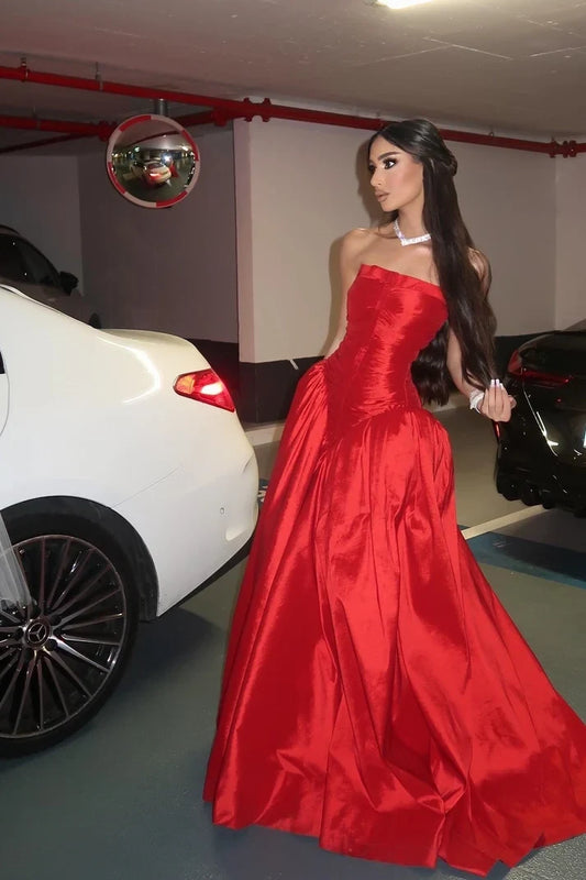 Gorgeous A Line Strapless Sleeveless Ruched Waist Satin Red Floor-Length Prom Dress