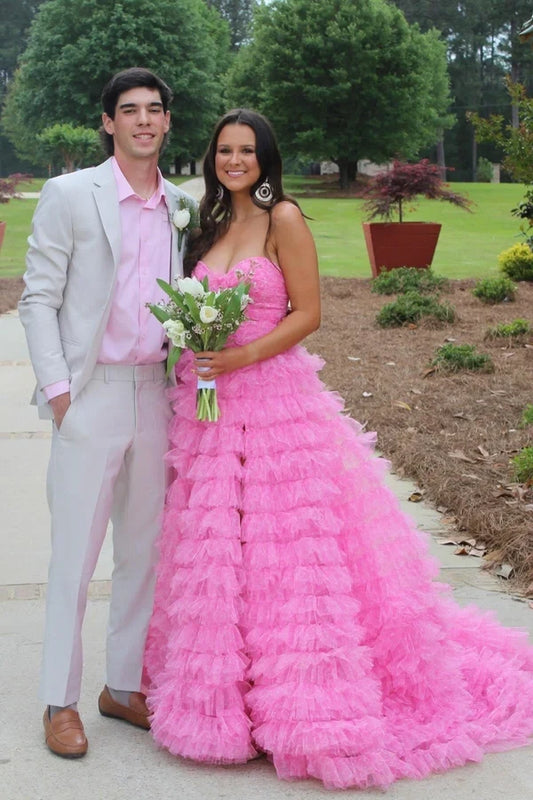 Gorgeous A Line Strapless Sweetheart Sleeveless Tiered Ruffle Floor-Length Prom Dress