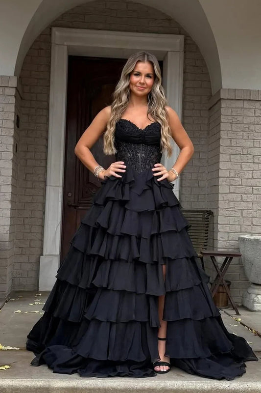 Gorgeous A Line Sweetheart Sleeveless Tiered Ruffle Chiffon Black Floor-Length Prom Dress