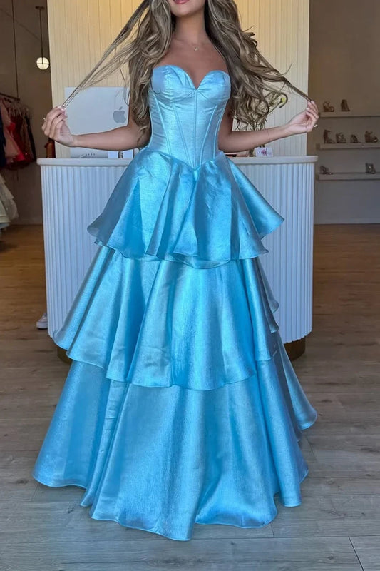 Gorgeous A Line Sweetheart Sleeveless Tiered Ruffle Satin Blue Floor-Length Prom Dress