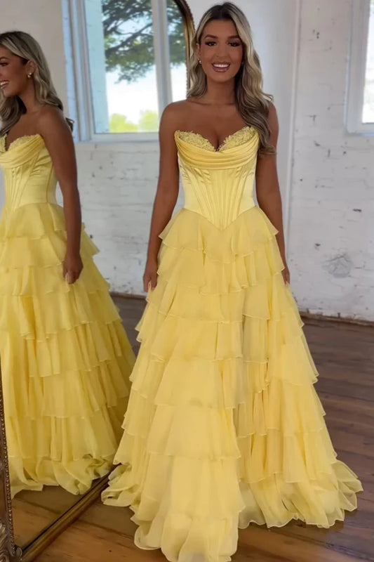 Gorgeous A Line Sweetheart Sleeveless Tiered Ruffle Slit Chiffon Yellow Floor-Length Prom Dress