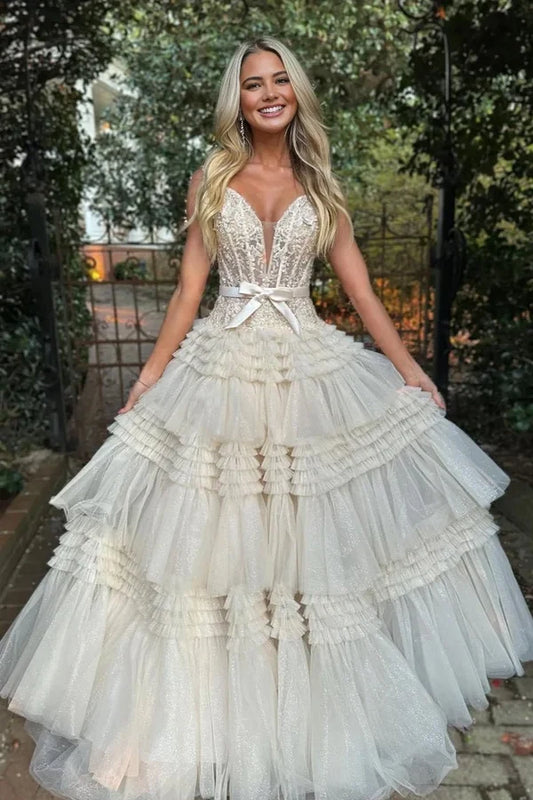 Gorgeous A Line Sweetheart Sleeveless Tiered Ruffle Tulle Floor-Length Formal Prom Dress with Bow